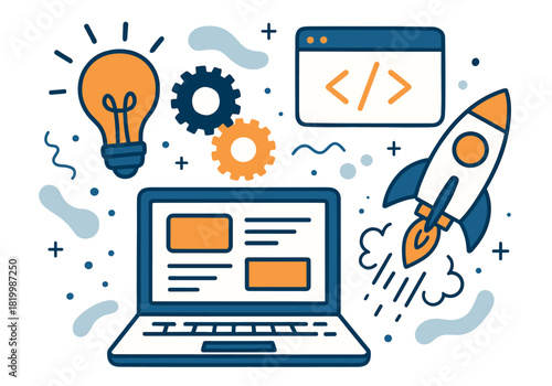 Creative tech innovation with laptop, coding, rocket, and lightbulb sketch