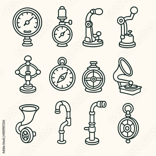 Vintage Steampunk Line Art Icons Set: Gauges, Clocks, Compasses, Pipes, Gears and Mechanical Devices. Generated image