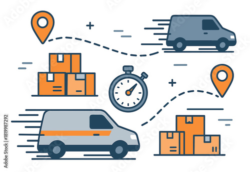 Efficient delivery process with vans, packages, and timer icons
