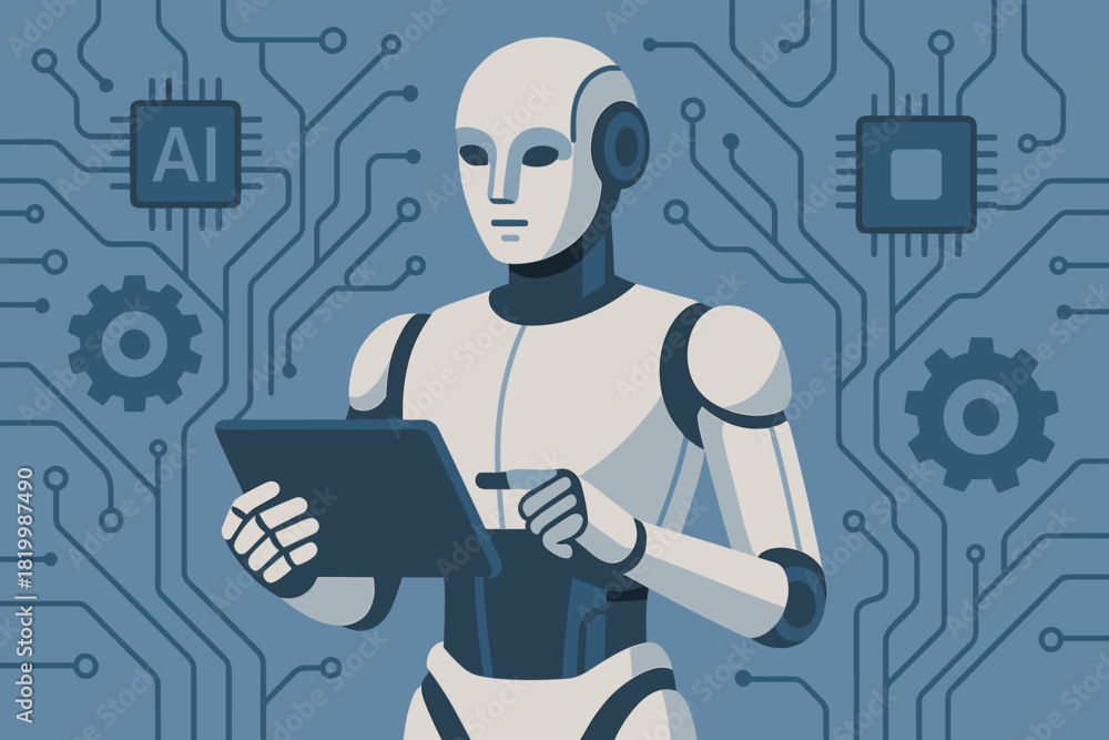 Fototapeta premium Robot analyzing data on tablet against abstract ai and circuit background