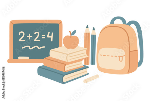 Chalkboard equation with books, backpack, and pencils for back to school theme
