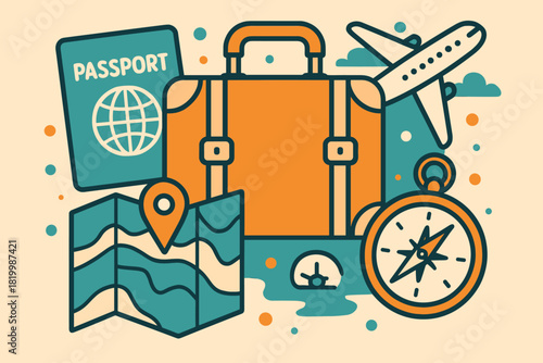 Travel essentials: passport, luggage, airplane, map, and compass illustration