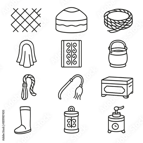 Traditional Nomadic Line Art Icons: Yurt, Rope Coil, Bucket, Whip, Lantern, Boots Vector Set. Generated image