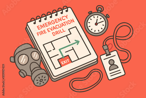 Emergency fire evacuation drill essentials with floor plan, gas mask, stopwatch, and id badge