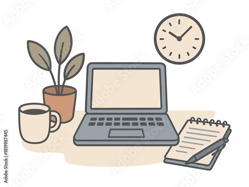 Cozy workspace with laptop, clock, notebook, mug, and plant