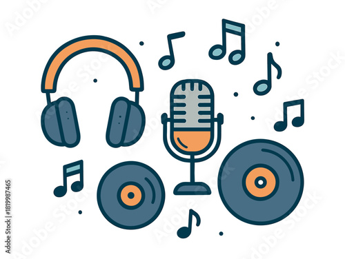 Retro music setup with microphone, headphones, records, and musical notes