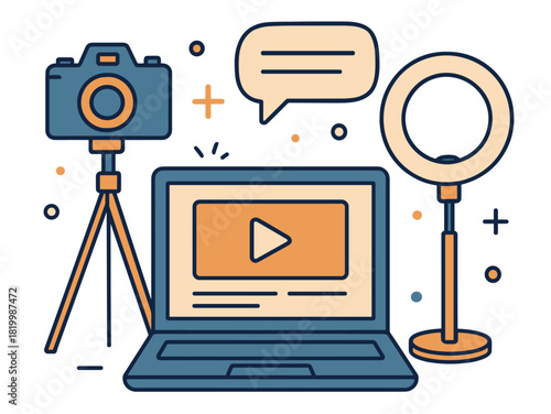 Home vlogging setup with laptop, camera, and ring light for content creation