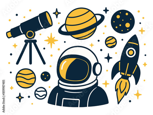 Space exploration elements: astronaut, planets, telescope, and rocket illustrations