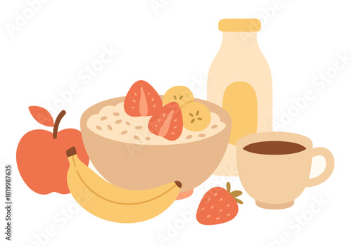 Healthy breakfast: oatmeal with strawberries, banana, milk, apple, and coffee
