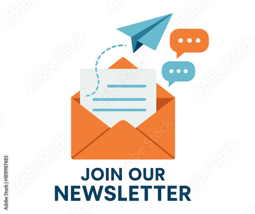 Newsletter subscription concept with envelope, paper plane, and chat bubbles