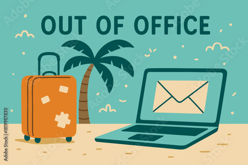 Out of office: vacation mode with palm tree, suitcase, and laptop
