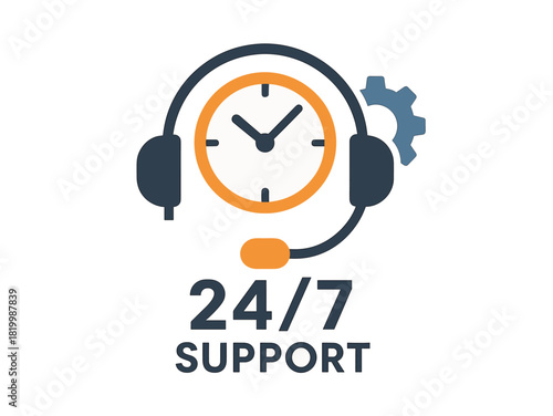 24/7 customer support icon with headset and clock gear design