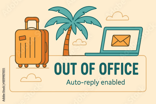 Out of office scene with suitcase, palm tree, and laptop with email notification