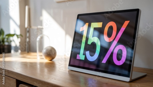 Modern digital display showcasing vibrant 15% discount on a sleek desk for Cyber Monday promotions