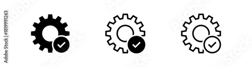 Settings gear icons with a checkmark badge in solid and outline styles, ideal for preferences, verified tools, successful update, verified settings, or completed configuration, and modern UI controls.