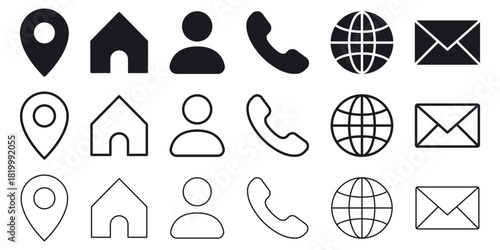 contact icons including location, home, user, phone, globe, and email, shown in outline and solid black styles , for modern UI and web design.