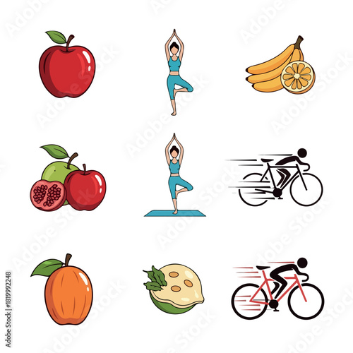 Healthy lifestyle icon set with fruits yoga and cycling activities.