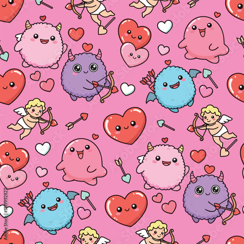 Cute Valentine pattern vector. Seamless monster pattern with hearts, cupid, and arrow. Cute Monsters Valentine's Day Background.