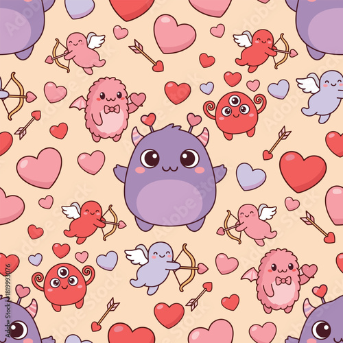Cute Valentine pattern vector. Seamless monster pattern with hearts, cupid, and arrow. Cute Monsters Valentine's Day Background.
