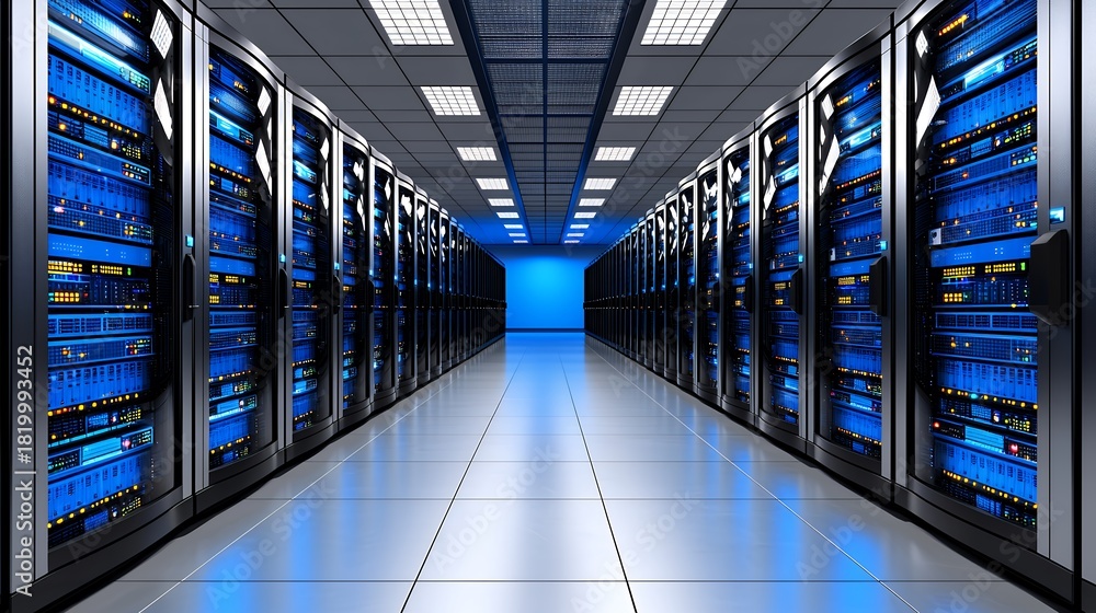 Naklejka premium Modern Data Center Server Room with Blue Lighting