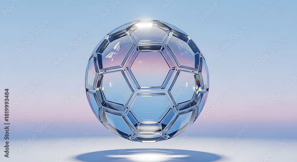 Fototapeta premium Crystal soccer ball on a reflective surface with blue and pink background