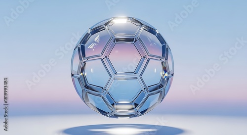 Crystal soccer ball on a reflective surface with blue and pink background
