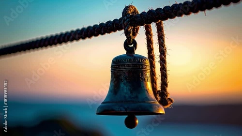 Wallpaper Mural Close up of a bronze bell suspended from a rope against a blurred background Torontodigital.ca