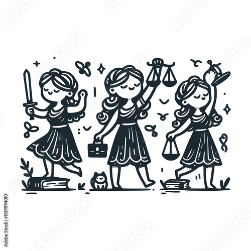 Children's line scribble of playful law princess