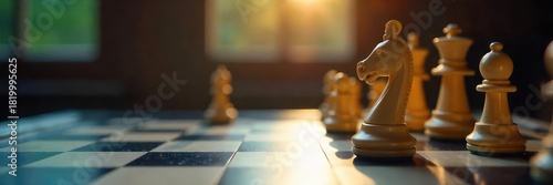 A chessboard depicts a knight strategically positioned, poised for a decisive move  The game is underway, highlighting planning and tactical foresight in a high-stakes battle ,  wooden,  pieces