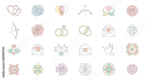 Collection of handdrawn wedding and love icons