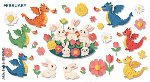 Cute cartoon dragons and bunnies with flowers for february
