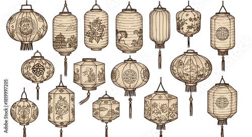 Collection of vintage chinese lanterns with intricate designs