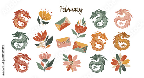 February calendar elements with dragons and flowers
