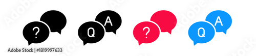 Q&A chat speech bubble icons (question mark/letter A in speech bubbles) in black, red, and blue, representing Question and Answer or support dialogue , support sections, FAQs, help centers