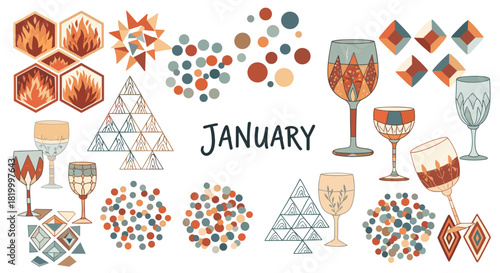 January abstract design with glasses and fire elements