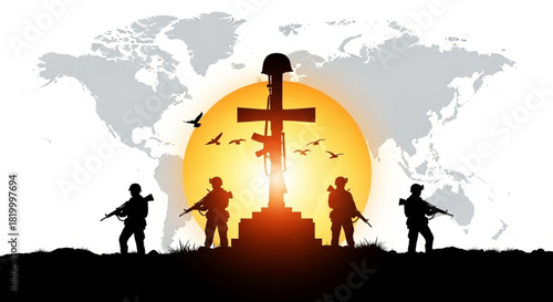 A Somber Memorial Silhouetted Soldiers Stand Guard at a Cross, Honoring Fallen Heroes Against a World Map Backdrop