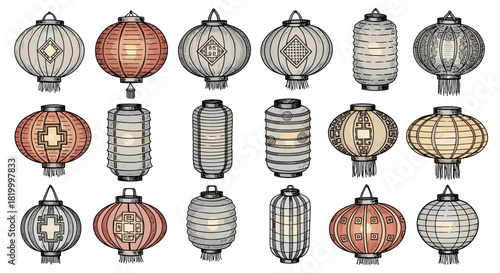 Collection of traditional chinese paper lanterns in various shapes and colors