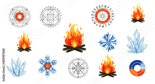 Collection of mystical symbols, crystals, and campfires