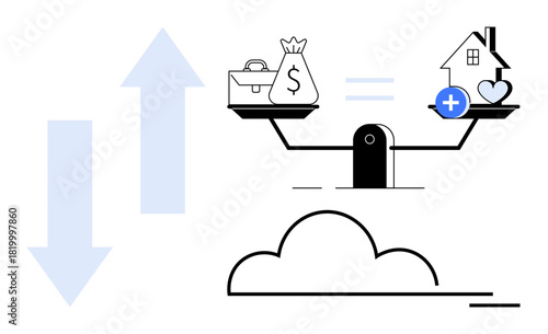 Financial balance. Financial balance between monetary wealth, investments, and personal well-being with scales. Financial concepts for budgeting, real estate, priorities, savings, and decision-making