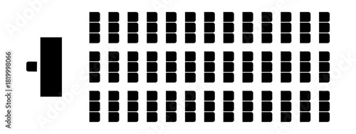 Auditorium seating plan top view. Schema of seats in classroom or lectorium, meeting or conference, training or seminar event. Tribune, desk and visitors chairs symbols. Vector graphic illustration
