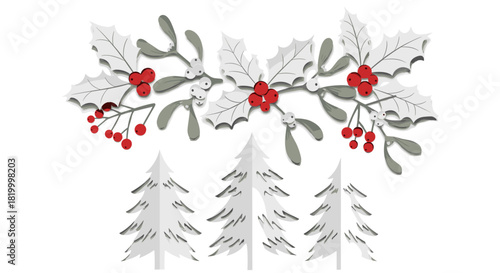 Christmas holly and mistletoe garland with paper trees