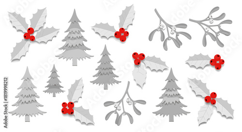 Collection of christmas trees, holly, and mistletoe