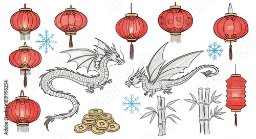 Chinese new year symbols dragons, lanterns, snowflakes, bamboo, coins