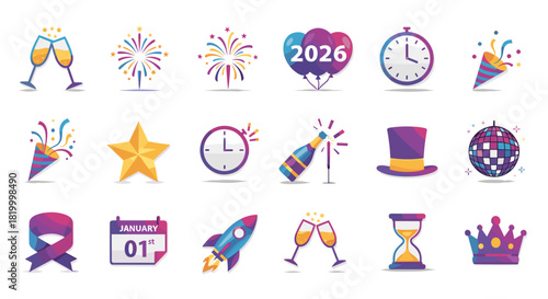 New year celebration icons and symbols for 2026