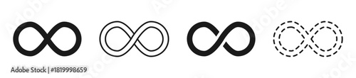 Infinity icon symbol , perfect for concepts of limitless or endless cycles, continuity, and modern UI design. in solid, outline, double-line, and dashed styles