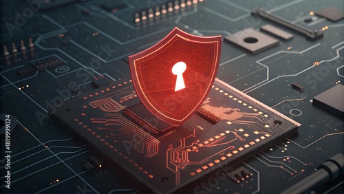 Security shield with a keyhole over a circuit board highlights digital safety