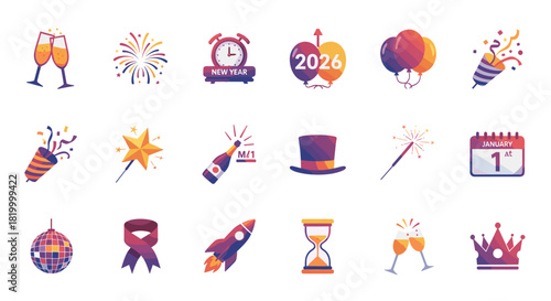 New year celebration icons set