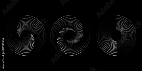 Sound pulsation circles set. Vector illustration of purple radio waves isolated on black background.