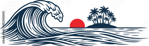 Illustration of a wave, sun, and island with palm trees in a tropical setting.