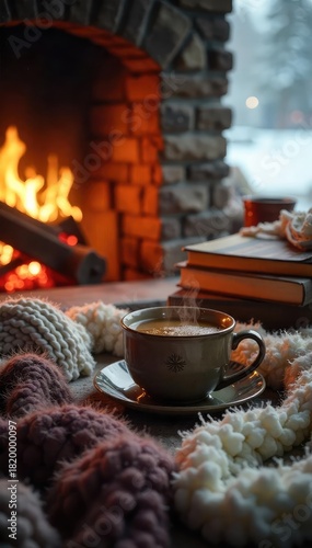 Cozy winter scene featuring a steaming mug of tea beside a warm, inviting fireplace, surrounded by soft blankets and books , books, winter wonderland
